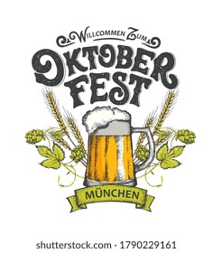 Vector illustration. Translation from German; Welcome to Oktoberfest. Oktoberfest handwritten lettering. Beer Festival vector banner. Design template celebration. 