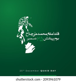 Vector illustration. Translation from Urdu: Quaid e azam Mohammad ali jinnah 25 december. green background.