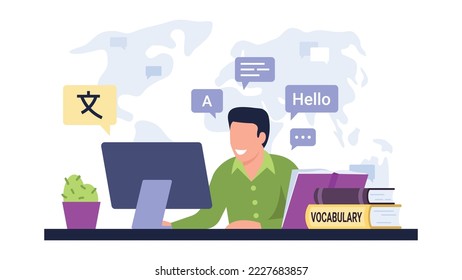 Vector illustration of translator. Cartoon scene with a guy who translates many languages to a computer around the world on white background.