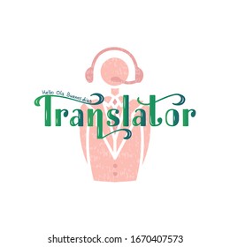Ilustración vectorial de las letras del traductor con silueta de hombre para banner, carteles, publicidad, afiche, tarjeta de visita, catálogo, diseño del logotipo. Texto escrito a mano para plantilla web o impresión