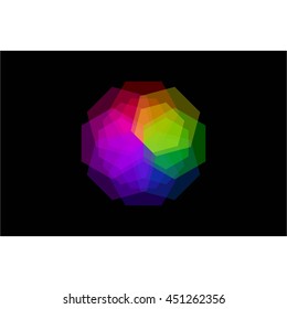 Vector illustration of The translucent color polyhedron on a black background. Business card standard size. Logo.