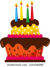 Vector illustration with transparent background, of a birthday cake, with different floors. Chocolate and strawberry cake. Birthday cake with candles. Anniversary. Happy Birthday. Make a wish.