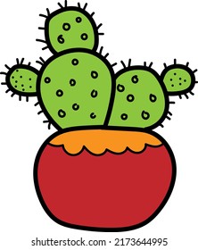 Vector illustration with a transparent background of a pot with a cactus with thorns. Children's drawing of an adorable cactus. Ornamental Mexican plants for indoor and outdoor gardens.