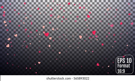 Vector Illustration of a transparent Background with red Heart Confetti. falling confetti of red hearts