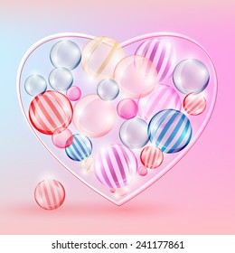 Vector illustration of the transparent balls with stripes on the pink background in a shape of heart