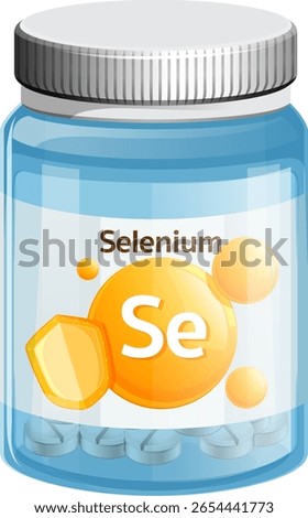 Vector illustration of a transparent bottle containing selenium vitamin tablets, with bold labeling and clean, flat design style for health concepts