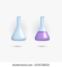 Vector illustration of a transparent conical flask with a narrow neck of glass filled with purple liquid highlighted on a white background. Chemical Laboratory for Training