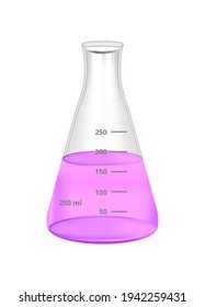 Ilustración vectorial de un matraz Erlenmeyer de cuello estrecho cónico transparente a 250 ml de vidrio borosilicato relleno de líquido violeta, rosa o morado aislado sobre un fondo blanco. Laboratorio químico.