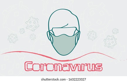 Vector illustration of transparent coronovirus.The causative agent of atypical pneumonia. Virus on a blue gradient background with lettering and a man logo . Idea for a poster. Disease.