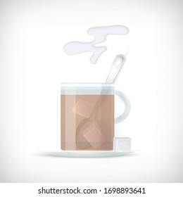  Ilustración vectorial. Copa transparente de bebida caliente con vapor. Cubos de azúcar dulce en el vaso de té con cuchara de postre. Efecto transparente realista. Conjunto de elementos para diseños.