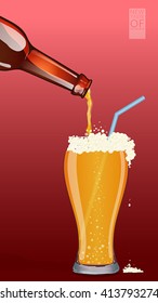 Vector illustration of a transparent filled bottles cold tasty beer (whole bottle is in symbols), with straws. It pours into a glass foam.. For use in the design, design postcards, posters, pages ...