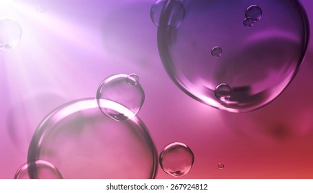 vector illustration of transparent fresh shiny water bubbles and light rays. abstract background