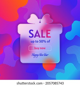 Vector illustration of a transparent gift in the style of glass morphism. Transparent christmas gift template for text, liquid colored background. Holiday sales, tags, clearance sale, holiday label.