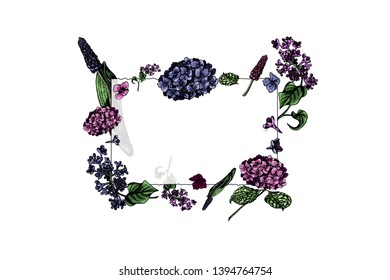 Vector illustration of transparent glass frame with colorful lilac, muscari, hortensia flowers.  Pink, purple, blue blooming flora, isolated on white background. Greeting card with plants, hand drawn.