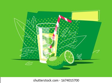 Vector illustration of a transparent glass with mint water, ice and lime slices , cooling summer drink