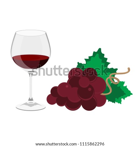 Vector illustration transparent glass of wine and red grapes isolated on white