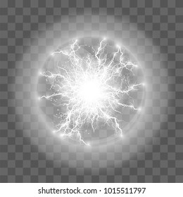 Vector illustration. Transparent light effect of electric ball lightning. Magic plasma ball.