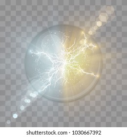 Vector illustration. Transparent light effect of electric ball lightning. Magic plasma ball. Collision of two forces of blue and gold magical plasma. Allocation of cold and hot energy.