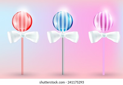 Vector illustration of the transparent lollypops with stripes on the pink background