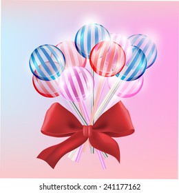 Vector illustration of the transparent lollypops with stripes on the pink background