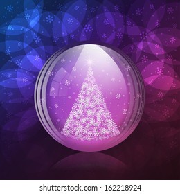 A vector illustration of a transparent luminescent snow globe with a christmas tree. 