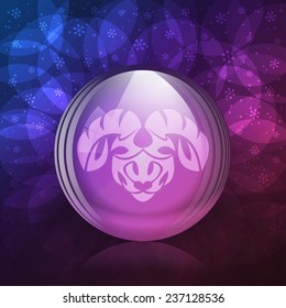 A vector illustration of a transparent luminescent snow globe with a zodiac sign Aries. 