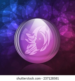 A vector illustration of a transparent luminescent snow globe with a zodiac sign Virgo. 