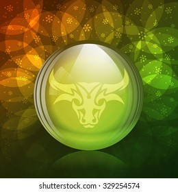 A vector illustration of a transparent luminescent snow globe with a zodiac sign Taurus. 
