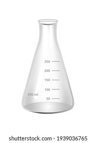 Ilustración vectorial de un matraz transparente de erlenmeyer de cuello estrecho de 250 ml de vidrio borosilicato aislado sobre un fondo blanco. Vasos médicos o químicos de laboratorio, matraz cónico.