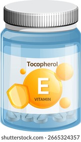 Vector illustration of a transparent plastic bottle containing Vitamin E tablets, labeled with tocopherol, in a clean, flat design style