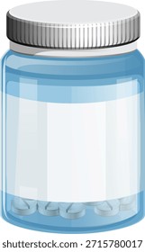 Ilustración vectorial de un frasco de pastillas de plástico transparente con tapa metálica, que contiene varias tabletas blancas, renderizadas en un estilo limpio y plano
