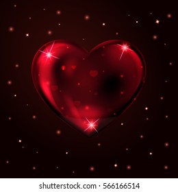 Vector illustration. transparent red heart on a dark background with highlights. Design for greeting card, banner, invitation for Valentine's day, wedding.