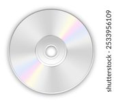 Vector illustration of transparent silver CD or DVD disc with rainbow reflection and soft shadow on white background. Realistic compact disc icon.