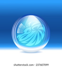 A vector illustration of a transparent snow globe with a zodiac sign Leo. 