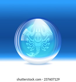A vector illustration of a transparent snow globe with a zodiac sign Scorpio. 