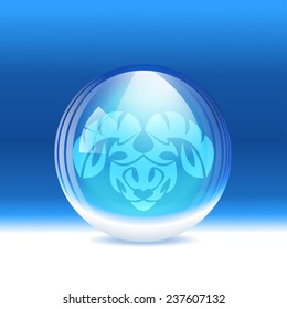A vector illustration of a transparent snow globe with a zodiac sign Aries. 