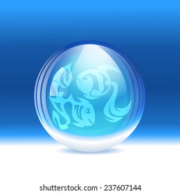 A vector illustration of a transparent snow globe with a zodiac sign Pisces. 