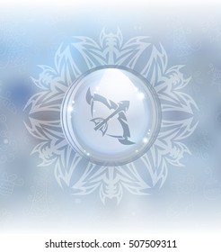 A vector illustration of a transparent snow globe in a frame on the blurred background with a zodiac sign Sagittarius. 
