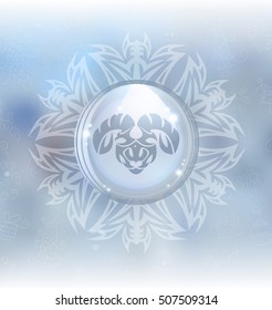 A vector illustration of a transparent snow globe in a frame on the blurred background with a zodiac sign Aries. 