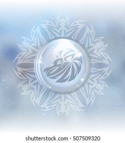 A vector illustration of a transparent snow globe in a frame on the blurred background with a zodiac sign Leo.
