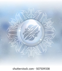 A vector illustration of a transparent snow globe in a frame on the blurred background with a zodiac sign Gemini. 