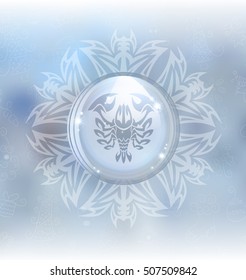 A vector illustration of a transparent snow globe in a frame on the blurred background with a zodiac sign Cancer. 