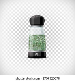 Vector illustration. Transparent spice herb container icon. Garden Sage shaker mockup. Realistic effect. Lettering Sage. Design element on transparent background.