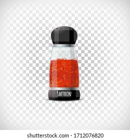  Ilustración vectorial. Icono transparente del contenedor de hierbas aromáticas. Mofa del agitador Saffron. Efecto realista. Leyendo Saffron. Elemento de diseño sobre fondo transparente.