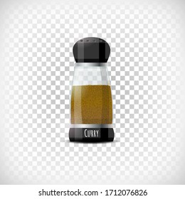 Vector illustration. Transparent spice herb container icon. Curry shaker mockup. Realistic effect. Lettering Curry. Design element on transparent background.