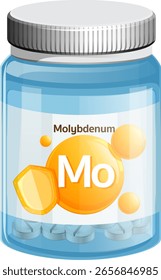 Ilustración vectorial de una botella de suplemento transparente etiquetada con molibdeno, con tabletas en el interior, estilo de diseño plano y composición limpia