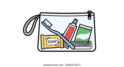 A vector illustration of a transparent toiletry bag containing essential hygiene items like a toothbrush, toothpaste, soap, and a comb.