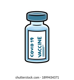 Ilustración vectorial de un recipiente transparente de vacuna para el virus Covid 19, en tonos azules y línea de borde negro.