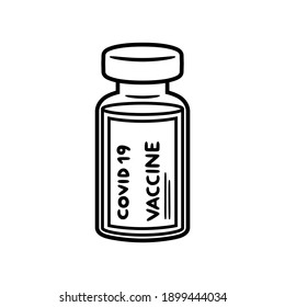 Vector illustration of a transparent vaccine container for the Covid 19 virus, in black and white color and black border line.