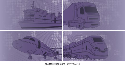 Vector illustration of Transport background with airplane, train, truck, liner